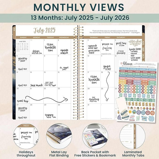 bloom daily planners 2025-2026 Academic Year Daily Planner (July 2025 - July 2026) - A5 Weekly & Monthly Calendar Agenda Organizer Book with Stickers - 5.5" x 8.25" - Midnight Sky