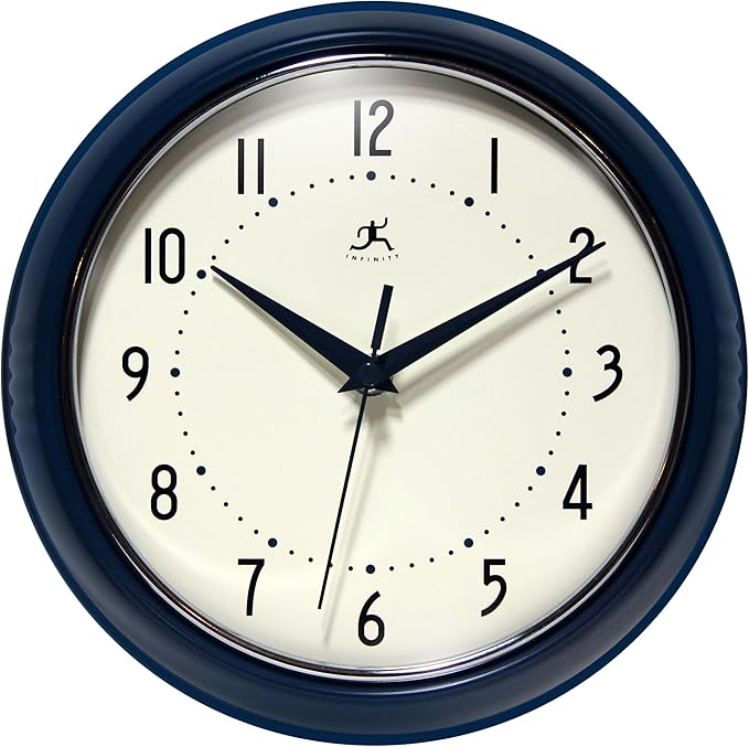 Infinity Instruments Retro 9.5 Inch Round Indoor Wall Clock, Navy Blue