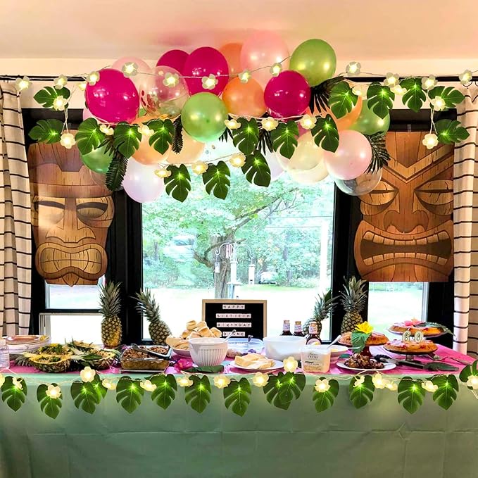 RECUTMS Monstera Leaf String Lights Artificial Foam Plumeria Tropical Palm Leaves Flower 40 LED Battery Operated Fairy Light Hawaiian Luau Beach Party Summer Decorations Outdoor Indoor(White+Green)