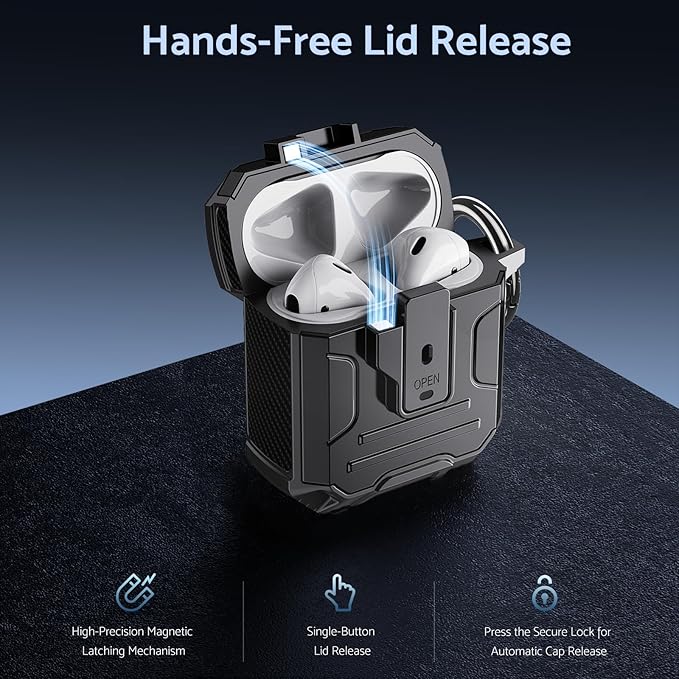 DASFOND Armor Cover AirPods 2nd & 1st Generation Case, Military Grade Full Body Shockproof Protection Hard Case, Support Wireless Charging with Keychain, Magnetic Lid, Front LED Visible, Black