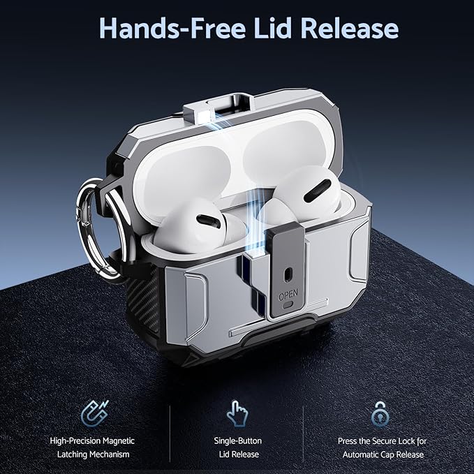 DASFOND Armor Earphone Cover Case for Airpods Pro 2, Military Grade Full Body Shockproof Protection Hard Case, Support Wireless Charging with Keychain, Magnetic Lid, Front LED Visible, Silver
