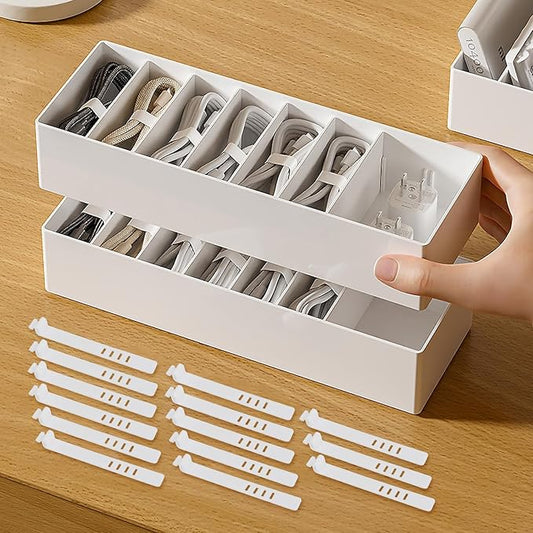 2 Pcs Cable Organizer Box with Wire Ties, Plastic Cord Charger Storage Box with 8 Compartments, Electronics and Home Office Desk Drawer Stationery Organizer, Stackable, White