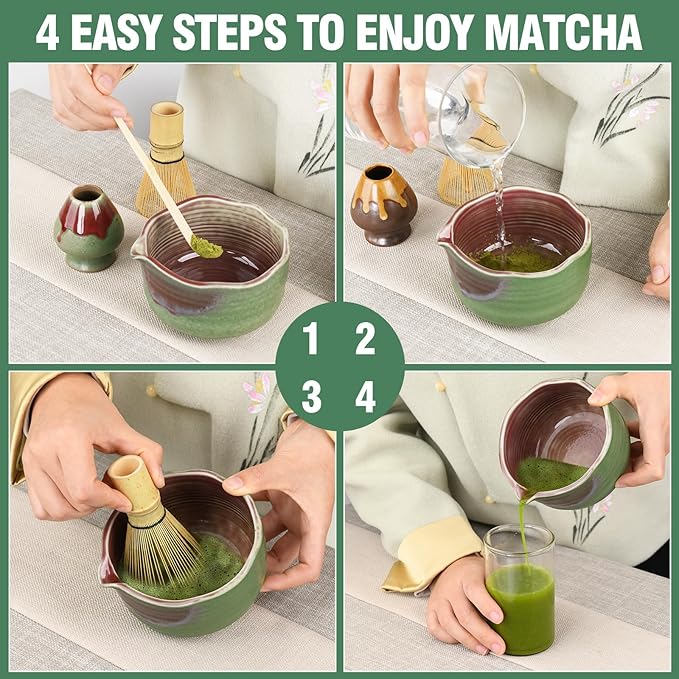 Pottery Matcha Set - Japanese Handcrafted Matcha Tea Bowl Mineral Glaze Bowl with Spout, Bamboo Whisk, Scoop & Chasen Holder | 4pc Tea Ceremony Kit for Matcha Lovers (Forest Glow)