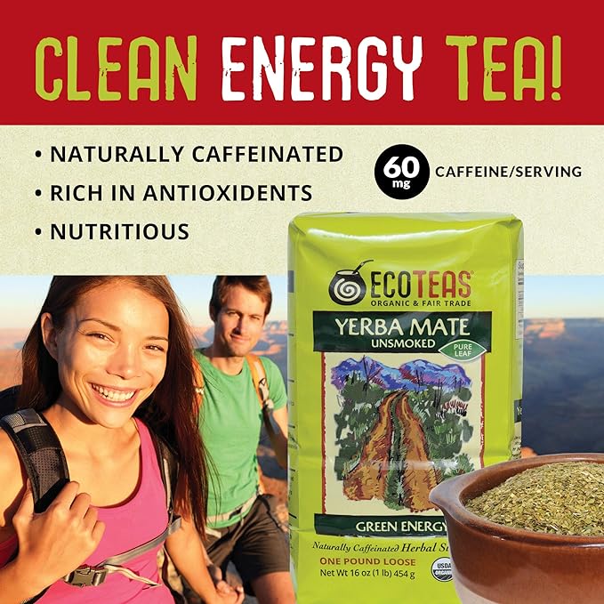 ECOTEAS Organic Yerba Mate Loose Leaf Tea – Natural Energy & Detox Herbal Tea – Coffee Alternative - Kosher, Non-GMO, Gluten-Free - Unsmoked Pure Leaf from Argentina, 1 lb (Pack of 1)