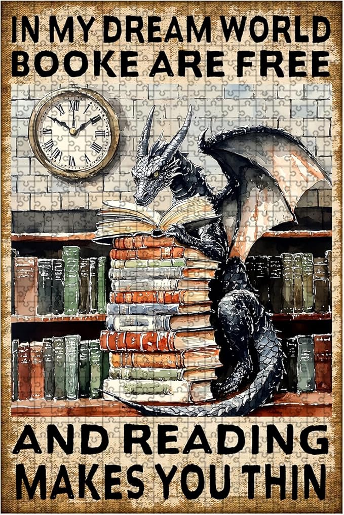 500 Piece Wooden Jigsaw Puzzle in My Dream World Books are Free and Reading Makes You Thin Challenging Family Game Night Stress Relief Educational Toy Perfect Home Decor 20.4x15 Inch