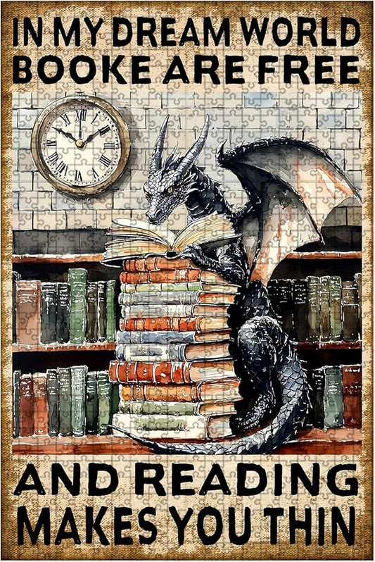 500 Piece Wooden Jigsaw Puzzle in My Dream World Books are Free and Reading Makes You Thin Challenging Family Game Night Stress Relief Educational Toy Perfect Home Decor 20.4x15 Inch