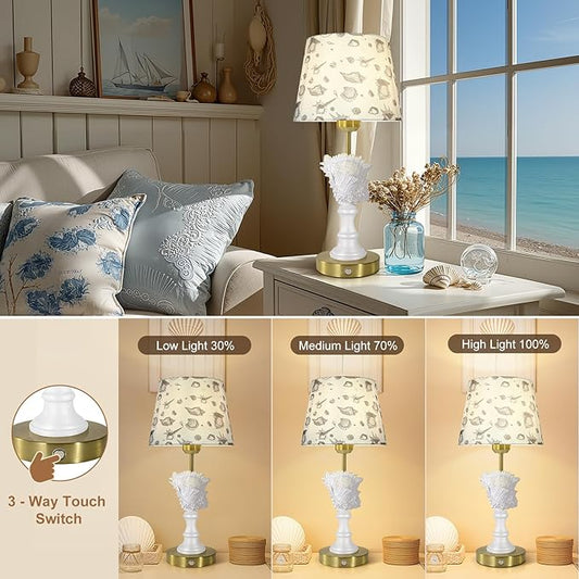 Conch Shell Rechargeable Lamp, Cordless Lamps, 4400mAh Battery Powered Lights, Night Light, Linen Shade, Touch Switch,Wireless Lamp for Nightstand, Home, Office, Room Decor(Bulb Included)