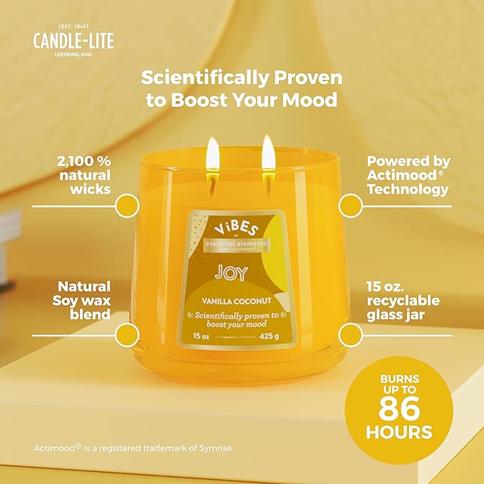 Candle-Lite Vibes Vanilla Coconut Mood-Enhancing Scented Candles, 15 oz Jar, Aromatherapy, Proudly Poured in The USA, 2-Wick, 86 Hours Burn Time, Perfect Relaxation Gift