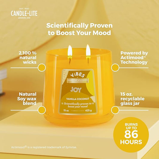 Candle-Lite Vibes Vanilla Coconut Mood-Enhancing Scented Candles, 15 oz Jar, Aromatherapy, Proudly Poured in The USA, 2-Wick, 86 Hours Burn Time, Perfect Relaxation Gift