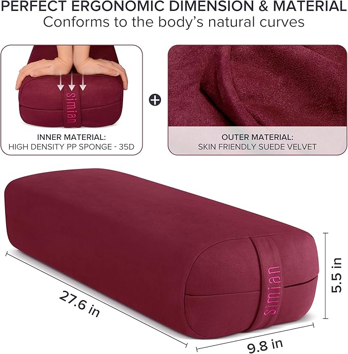 Simian Premium Meditation Bolster - Rectangular Support Cushion with Velvet Cover, Washable, for Restorative & Yin Yoga