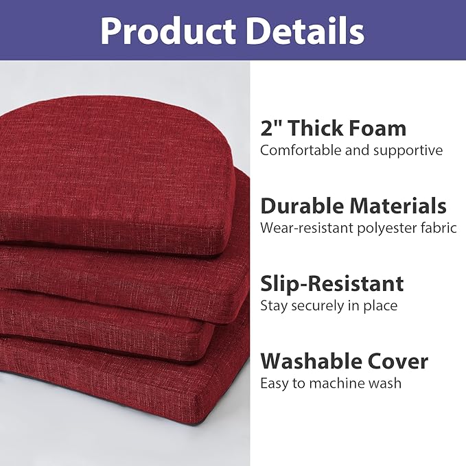 Chair Cushions for Dining Chairs with Ties and Removable Cover, Dining Kitchen Chair Pads with Non-Slip Bottom, High-Resilience Indoor Seat Cushions, 16'' x 16'' x 2'', Set of 2, Red