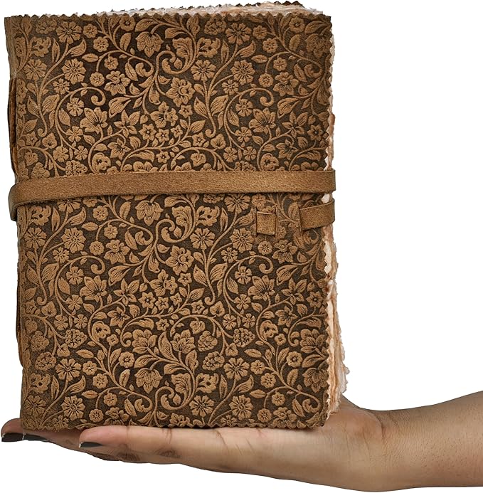 LEATHER VILLAGE Leather Bound Floral Embossed Journal for Women Men - 200 Pages, 10X7 Inches, Cappuccino Brown - Book of Shadows, Vintage Blank Paper Travel Diary, Notebook for Writing, Sketchbook