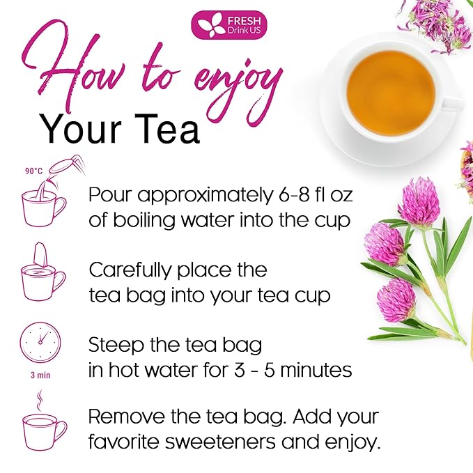 FreshDrinkUS, Premium Red Clover Herbal Tea– 75 Tea Bags – Pure – Naturally Smooth & Mild Flavor – Premium Quality, Eco-Conscious Packaging. Caffeine-Free. Gluten Free. Vegan