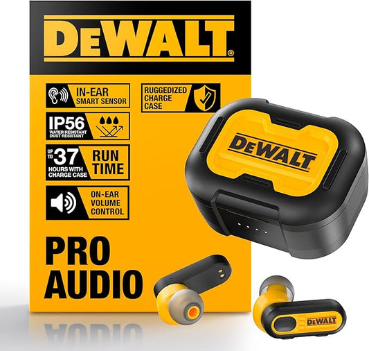 DEWALT Heavy Duty True Wireless Ear Buds, Bluetooth Headphones with Type C Charging Case Included, Over 37 Hours of Battery Life, Easy Setup for iPhone, Perfect for Jobsite, Outdoor Work, Yellow