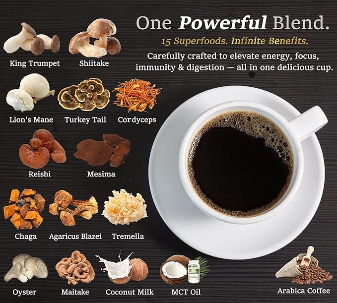 DLNIA Organic Mushroom Coffee with 12 Adaptogenic Mushrooms, Arabica Beans, Coconut Milk & MCT Oil | Cordyceps, Lion’s Mane & Turkey Tail Instant Coffee for Better Energy, Focus, Digestion, Immunity