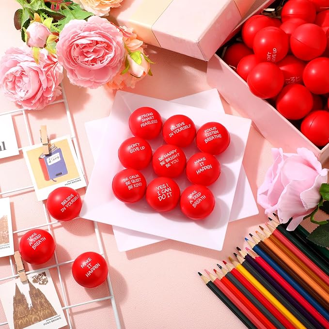 Shappy 72 Pcs Inspirational Stress Relief Balls Motivational Stress Ball Encouraging PU Bulk Stress Balls for Adults Small Therapy Fidget Relief Toys for Valentines Gifts Fidget Anxiety(Red)