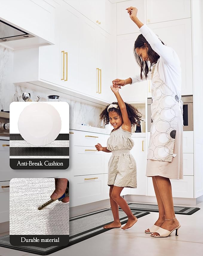 Anti-Fatigue Kitchen Mat Set – 2-Piece Memory Foam Cushioned Mats for Standing – Fabric Black, 18×30 & 18×60, 0.4 in Thick, Waterproof, Non-Slip – Homergy