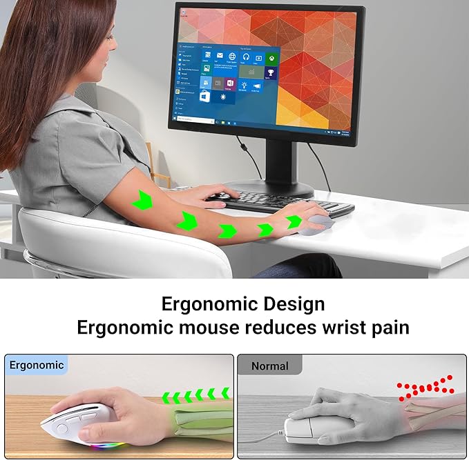Ergonomic Mouse Jiggler,Bluetooth Vertical Wireless Mouse,LED Rechargeable Optical Computer Mice, Portable(BT5.2 or USB 2.4GHz) Dual Mode,1000/1600/2400 DPI,8 Buttons for Laptop,PC,Macbook (white)