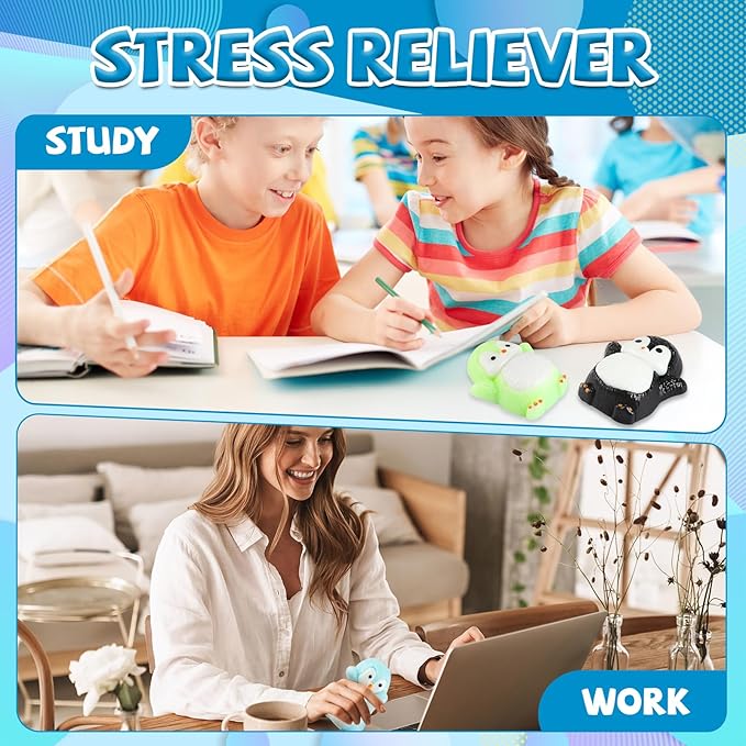 Cute Penguin TaBa Squishy Toys - Kawaii Stress Relief Fidget Sensory Toys, Soft Silicone Squeeze Gifts for Children, Teens, and Adults (5-Pack Black + Green + Pink +Purple+Blue)