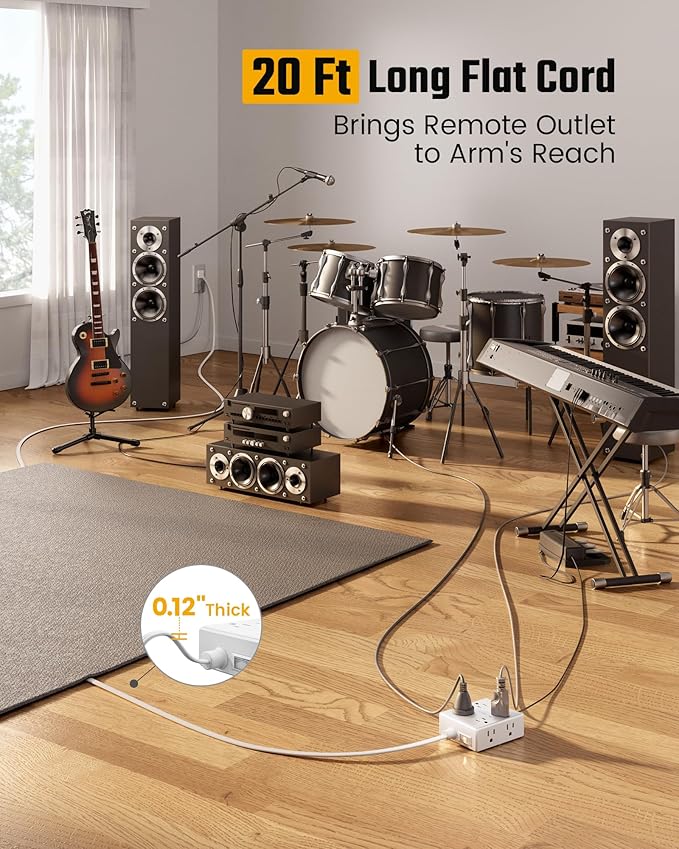 20Ft Long Extension Cord, Flat Plug Power Strip with 8 Outlets & 4 USB Ports (2 USB C), Wall Mountable Surge Protector, Desk Charging Station for Home Office, College Dorm Room Essentials