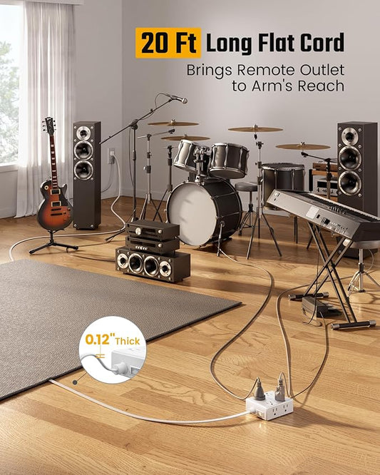 20Ft Long Extension Cord, Flat Plug Power Strip with 8 Outlets & 4 USB Ports (2 USB C), Wall Mountable Surge Protector, Desk Charging Station for Home Office, College Dorm Room Essentials