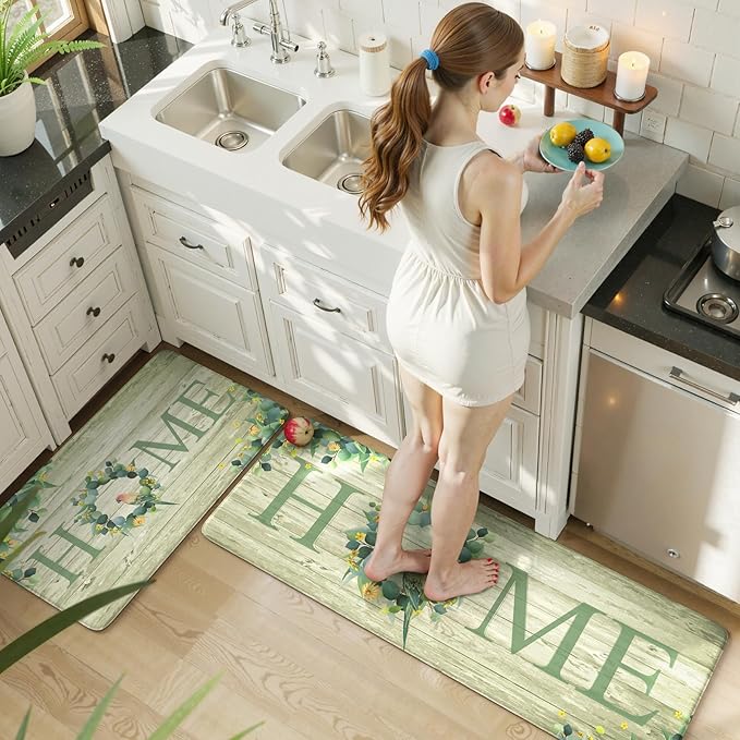KIMODE Anti Fatigue Kitchen Mats for Floor 2 Piece,Farmhouse Spring Rugs Non Slip,Cushioned Memory Foam Carpet for Sink Laundry Office Bathroom,Green 17"x47"+17"x29"