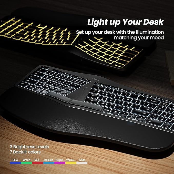 Nulea RT05 Wireless Ergonomic Keyboard, Split Keyboard with Wrist Rest, USB-C Charging, 7-Color Backlight, Natural Typing, Bluetooth and USB Connectivity, Compatible with Windows,Mac