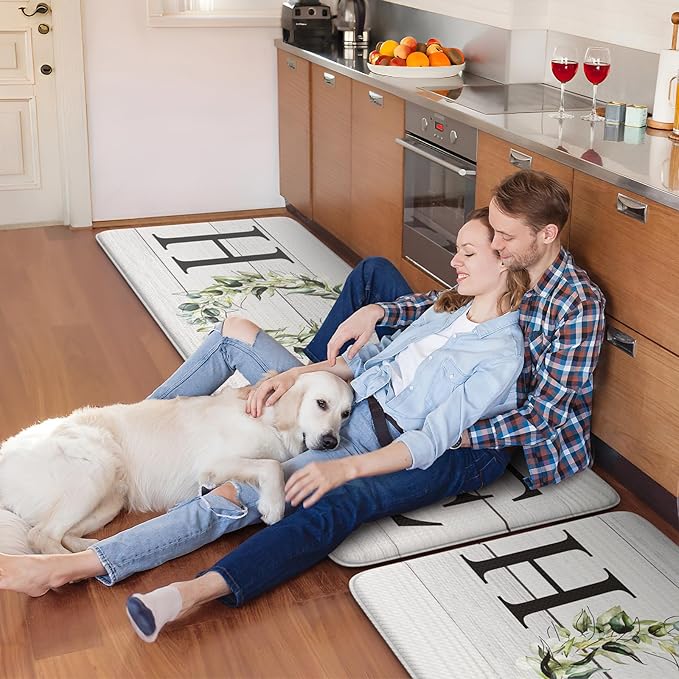 KIMODE Anti Fatigue Kitchen Mats for Floor, Farmhouse Kitchen Rugs Sets of 2, Cushioned Kitchen Floor Mats, Comfort Standing Mats for Sink, Laundry, Office, Desk White 20"x47"+20"x32"