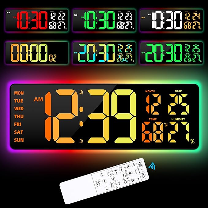 Large Digital Wall Mount Clock 17.3", 15 Color Modes Jumbo Numbers, 8 Color Modes Atmosphere Lights, Led Large Display Auto-Dimming/DST, for Classroom Living Room Garage Gym, Gift for Senior Mom Dad