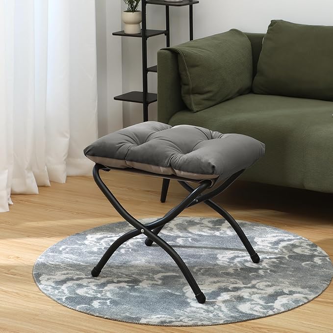 15"(H) Folding Ottoman, Foldable Footrest Stool, Portable Small Foot Stool for Couch, Collapsible Foot Rest Ottoman for Sofa, Accent Padded Ottomans for Living Room, Bedroom, Dark Grey