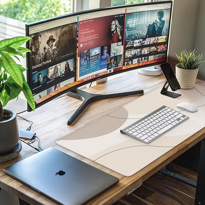 iCasso Extended Gaming Mouse Pad (35.4x15.7 in), Large Stable Rubber Base Mousepad with Stitched Edges, Keyboard Mouse Mat Desk Pad for Work, Game, Office, Home-Brown Art Modern