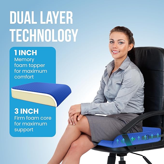 Extra Large Memory Foam Seat Cushion - Wheelchair Cushion Pad, Anti-Slip, Removable Strap, Coccyx Pain Relief, 19” X 17” X 3” (Blue)