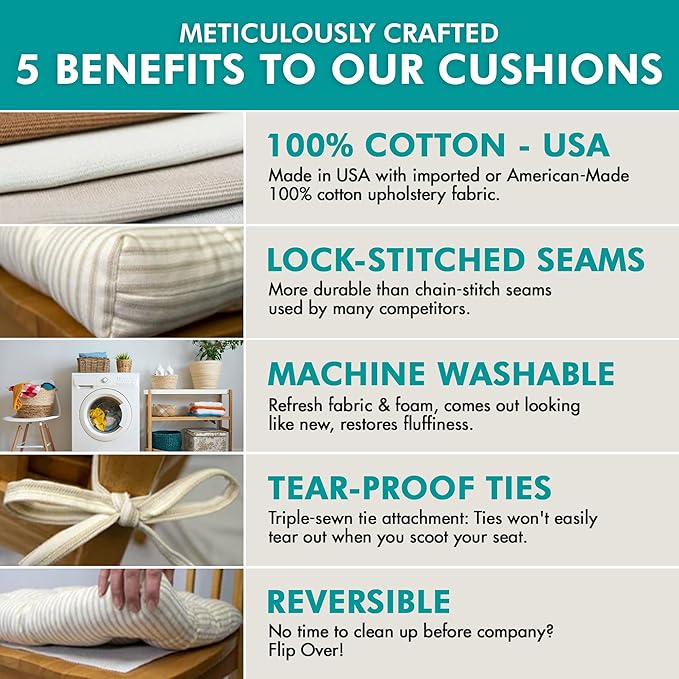 Barnett Home Decor Ticking Stripe Black Dining Chair Pad with Ties - Pack of 2-17" x 15" Size Small Chair Cushion - Latex Foam Fill - Machine Washable, Reversible, 100% Cotton, Made in USA