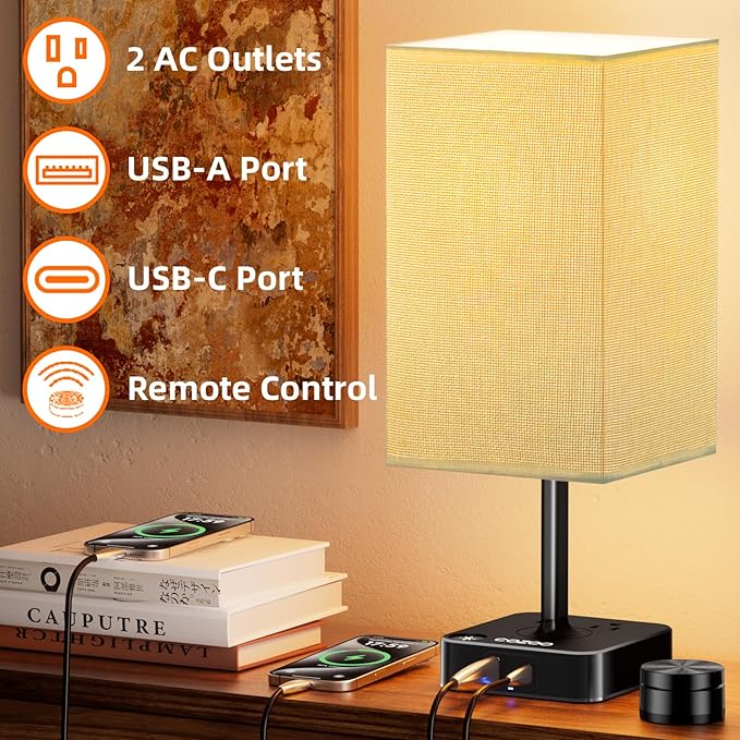 Bedside Lamp with Remote Control & Dimmable Light, 2 AC Outlets + USB-C/USB-A Charging Ports, Beige Shade Nightstand Table Desk Lamp for Bedroom, Living Room, Home Office Decor | College Essentials