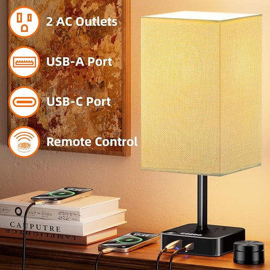 Bedside Lamp with Remote Control & Dimmable Light, 2 AC Outlets + USB-C/USB-A Charging Ports, Beige Shade Nightstand Table Desk Lamp for Bedroom, Living Room, Home Office Decor | College Essentials