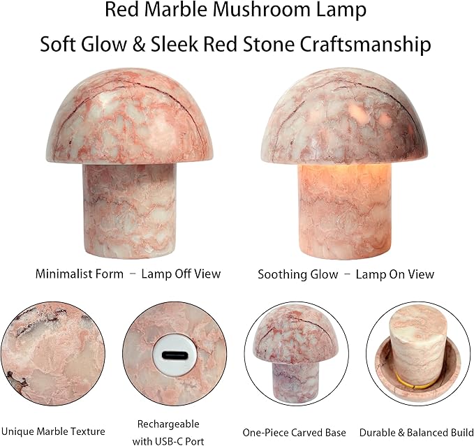 Marble Mushroom Table Lamp - Small Rechargeable USB-C Cordless Touch-Dimmable Night Light, Hand-Polished Natural Stone, 4.3"x4.7"