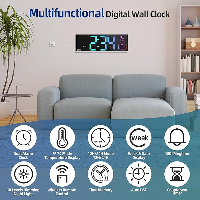 LEIKE 16.2'' Large Digital Wall Clock with Remote Control, Big LED/Dual Alarm/8 RGB Colors/Auto Brightness/Date/Auto DST/Temperature/Night Light Gym Clocks for Living Room Bedroom Office Wall Decor