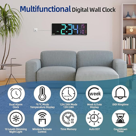 LEIKE 16.2'' Large Digital Wall Clock with Remote Control, Big LED/Dual Alarm/8 RGB Colors/Auto Brightness/Date/Auto DST/Temperature/Night Light Gym Clocks for Living Room Bedroom Office Wall Decor