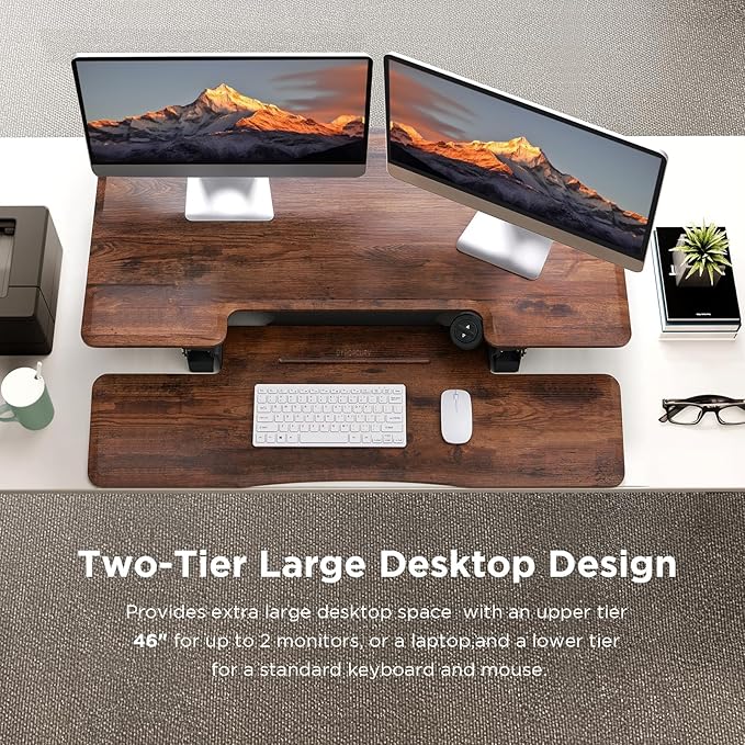 46" Electric Standing Desk Converter, Dyropcurv Series Height Adjustable Computer Desk Ergonomic Home Office Desk for Adults, Sit to Stand Desk with Quiet Motor, Vintage Brown