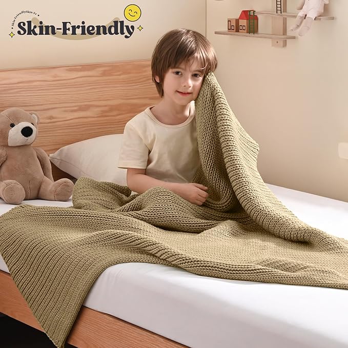 Guohaoi Knitted Weighted Blanket Kids (Beige 50"x60" 5lbs) No Beads Cooling Heavy Blanket, Home Decor Breathable Chunky Knit Throw Blanket for All-Season Use