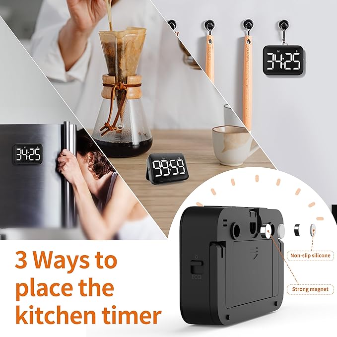 VOCOO Magnetic Kitchen Timer for Cooking with Count Up Countdown, Digital Timer Battery Powered with Large Display, 2 Brightness and Volume Levels for Classroom, Teacher, Kids (Dark Black)