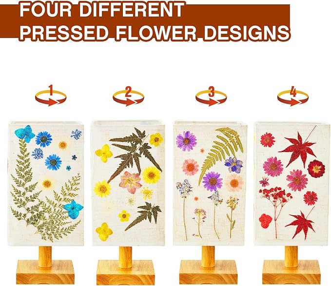 Hortsun Pressed Floral Lamp Bedside Vintage Flower Desk Lamp for Bedroom Living Room, Dorm, Home, Office Decor(1 Pcs,Square Style)