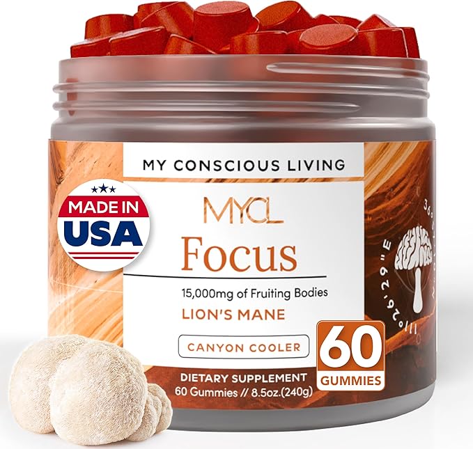 Lions Mane Mushroom Gummies for Focus and Memory - 500mg Fruiting Body Extract - Cognitive Support and Brain Health Supplements for Adults and Kids - Vegan, Gluten-Free - Canyon Cooler - 30 Servings