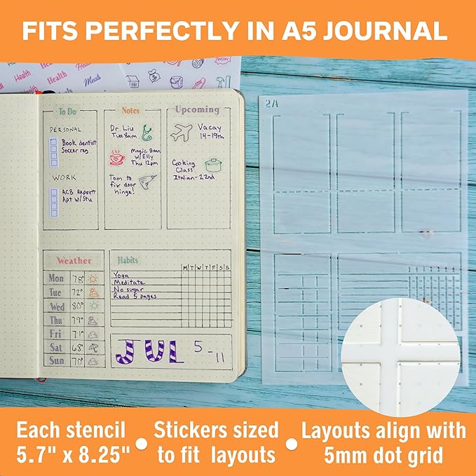 Weekly Planner Layout Journaling Supplies Kit (32 pcs) - 18 Weekly Layout A5 Planner Stencils and 14 Sheets Colorful Planner Stickers, Planner Accessories Compatible with A5 Bullet Journals