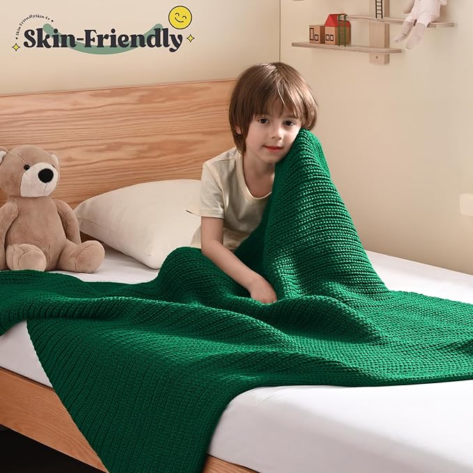 Guohaoi Knitted Weighted Blanket Kids (Green 50"x60" 7lbs) No Beads Cooling Heavy Blanket, Home Decor Breathable Chunky Knit Throw Blanket for All-Season Use