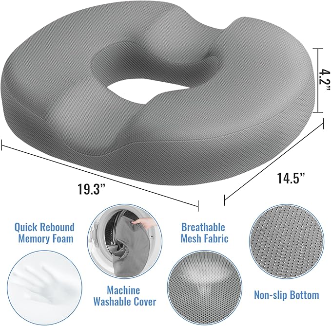 CloudBliss Donut Pillow Seat Cushion Chair Pad for Tailbone Pain Relief and Hemorrhoids, Memory Foam Seat Chair Cushion for Men and Women for Home & Office, (Light Grey-2XL)