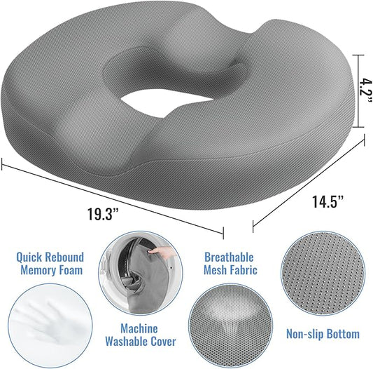 CloudBliss Donut Pillow Seat Cushion Chair Pad for Tailbone Pain Relief and Hemorrhoids, Memory Foam Seat Chair Cushion for Men and Women for Home & Office, (Light Grey-2XL)