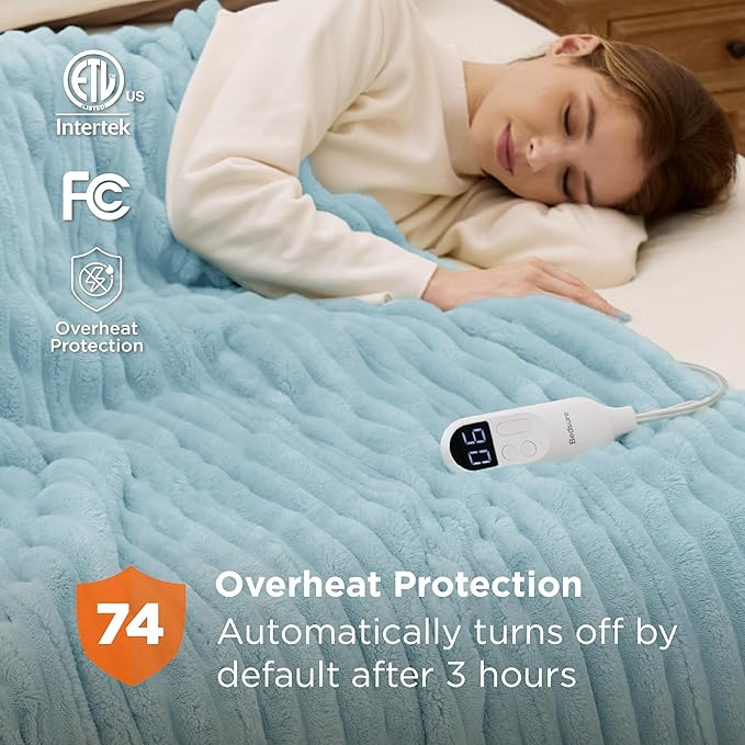 Bedsure Electric Blanket Twin - Thick Striped Flannel Electric Blanket, Heating with 10 Time Settings, 6 Heat Settings, and 8-Hour Timer Auto Shut Off, Gifts for Grandma (62x84 inches, Light Blue)