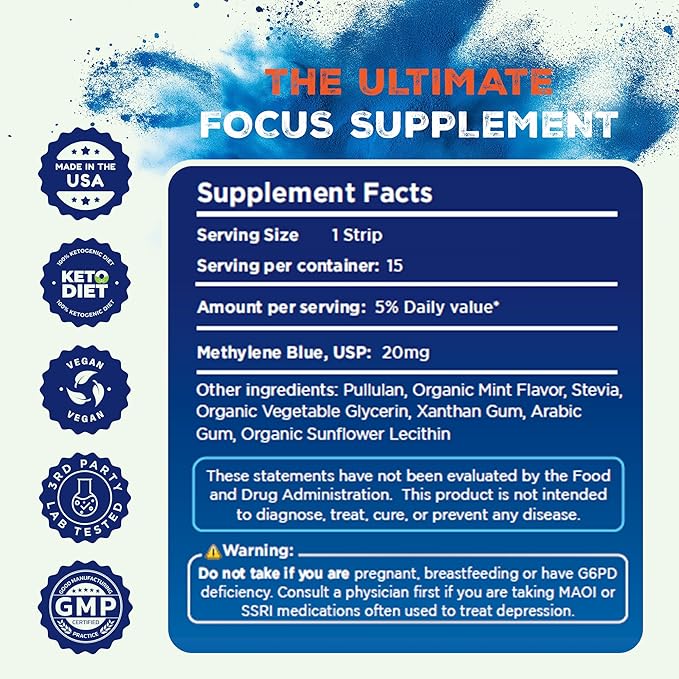 LIVEGOOD Methylene Blue – Methylene Blue for Humans, Brain Supplements for Memory and Focus, Clarity & Cognitive Energy, Nootropic Brain Support, Made in USA, 15 Oral Strips with 20mg Each