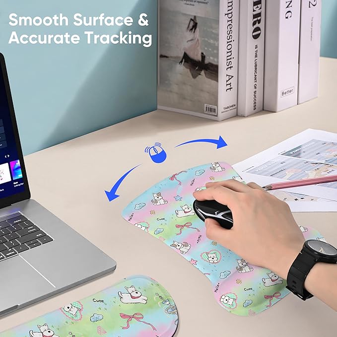 RICHEN Mouse Pad and Keyboard Wrist Rest, 3-in-1 Computer Mousepad and Coaster Set, Non-Slip Keyboard Wrist Rest and Mouse Pad Set Ergonomic Design (Dogs)